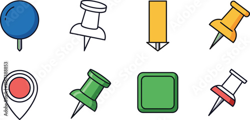 Pin and Map Marker Icon Set Featuring Colored Push Pins, Location Markers, and Geometric Shapes for Navigation, UI, and Design Elements