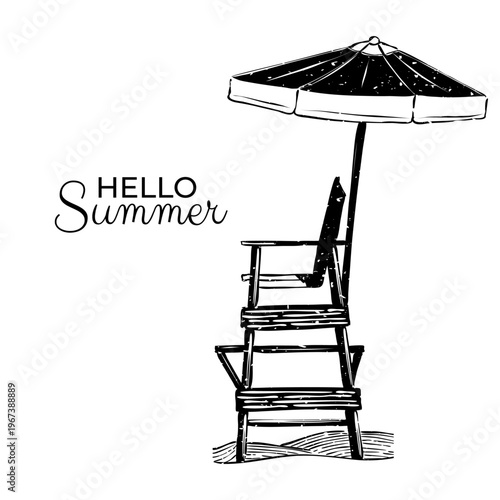 Hand-drawn sketch of a lifeguard chair with an umbrella on the beach, with 'HELLO Summer' text.