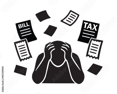 Financial debt and tax stress concept with man silhouette vector on white background