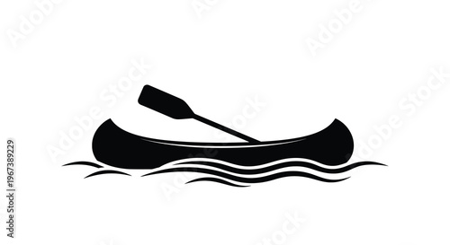Simple black silhouette of a canoe floating on wavy water
