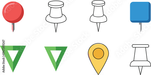 Pin and Map Marker Icon Set Featuring Push Pins, Location Markers, and Geometric Shapes for Navigation, UI, and Map Designs