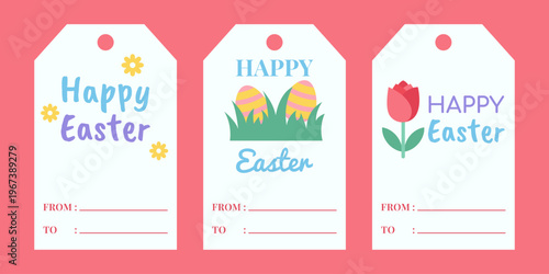 Happy Easter card set with egg chick and tulip illustration pastel greeting template collection