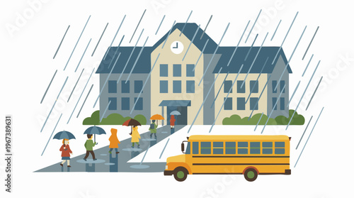 Students arriving at school on a rainy day with umbrellas and school bus