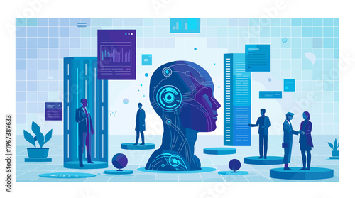 A stylized illustration of blue geometric shapes on a light blue background, conveying a sense of modernity and minimalism.