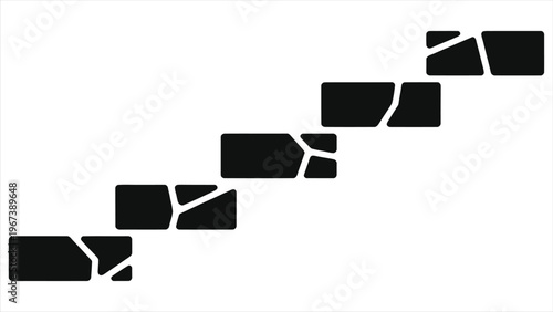 Minimalist vector silhouette of five uneven black shapes arranged in step-by-step ascending order forming an arrow flow workflow process diagram with 5 progressive stages on a white background