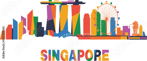 Singapore city skyline vector illustration, colorful geometric abstract landmarks travel destination and tourism design element