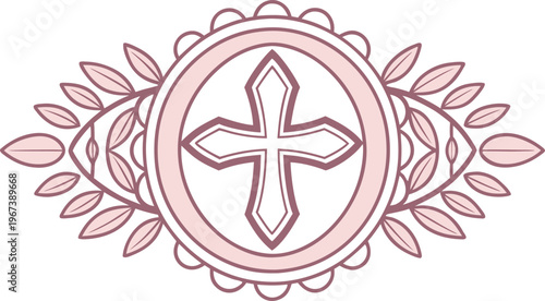 Pink cross symbol surrounded by leaves and circle