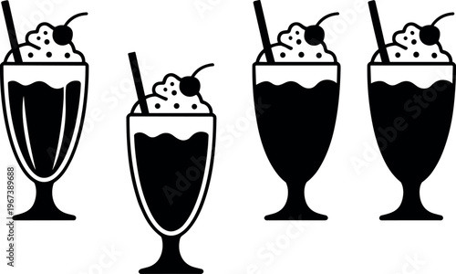 Three Chocolate Ice Cream Desserts with Whipped Cream and Cherries in Tall Glasses