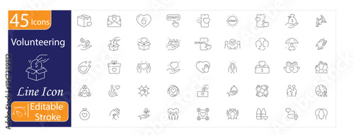 Volunteering Icons Set, Community Service, Helping Hands, Charity Work, Social Contribution, Nonprofit Support, Editable Stroke Vector Illustration.