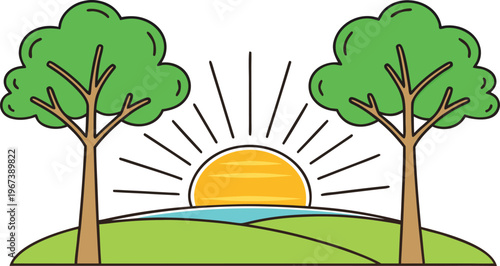 Summer morning landscape with rising sun between trees sunrise