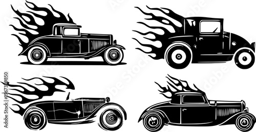 Set of classic hotrod cars with custom flames design, racing roadster for garage or service design