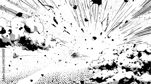 Comic explosion with halftone and speed lines. Explosive black ink splatter comic blast background with dynamic radial speed lines