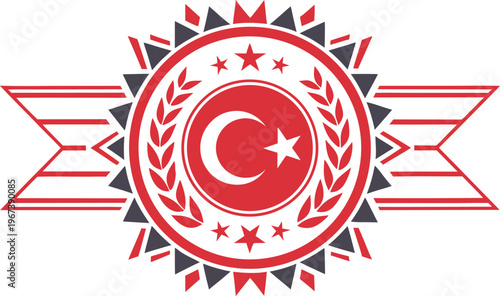 Red and gray turkish democracy day badge with crescent moon star and laurel wreath