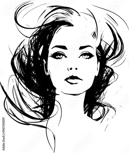 Ink drawing portrait of young woman with voluminous wavy hair glancing sideways mysteriously on white background