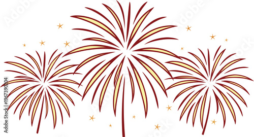 Red and yellow fireworks on white background with gold sparks