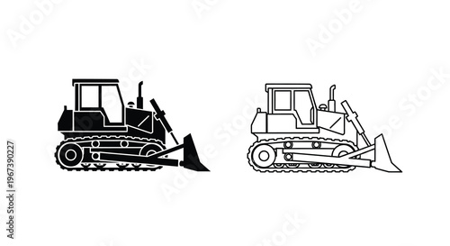 Two black and white depictions of a bulldozer side by side