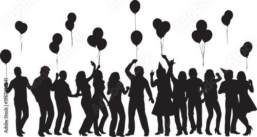 Black silhouettes of people holding balloons party