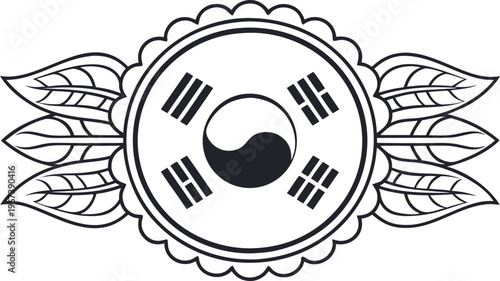 Republic of korea national holiday badge with taegeuk symbol and leaves south korea