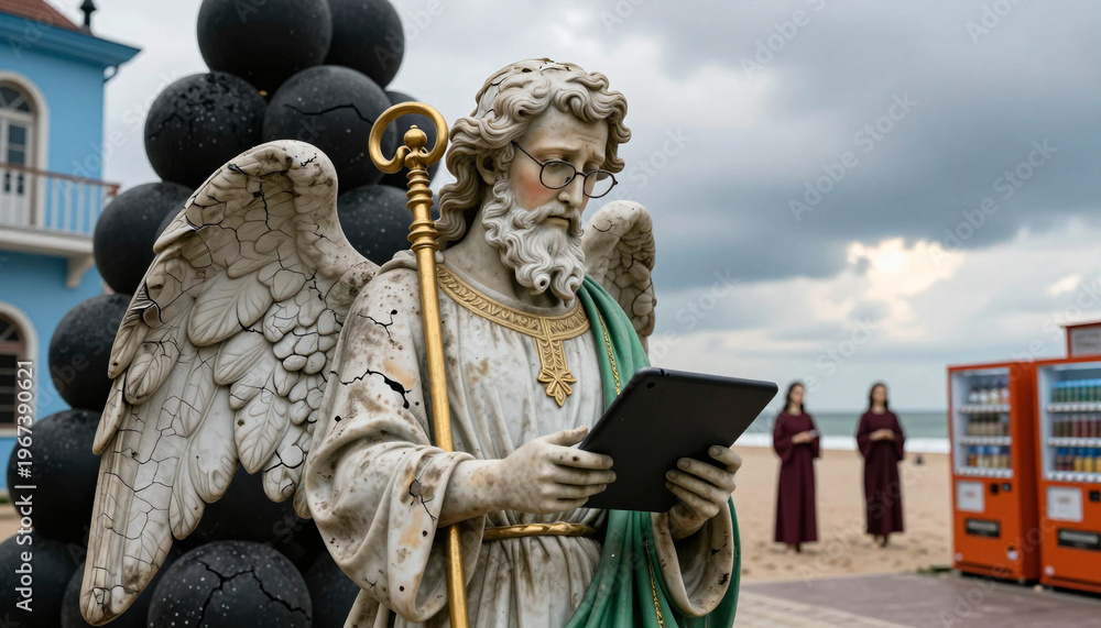 Fototapeta premium Angel With Tablet On Beach