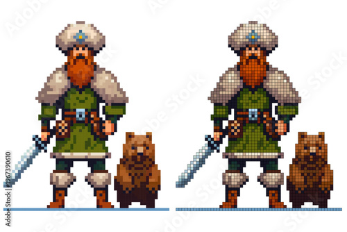 Pixel art warrior an early Rus druzhinnik with a large red beard standing beside a small brown bear on a white background