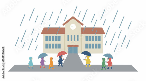 Children with umbrellas and raincoats walking to school on a rainy day