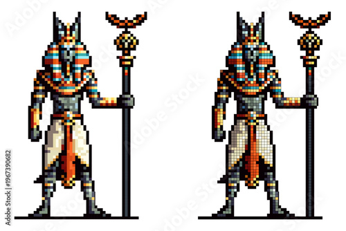 Pixel art character the ancient Egyptian god Anubis, with a jackal head, traditional attire, and a tall staff, standing on a white background.