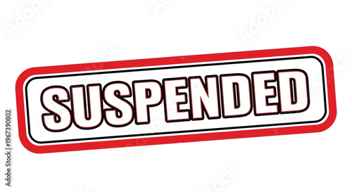 A red suspended stamp with bold white lettering on a white background