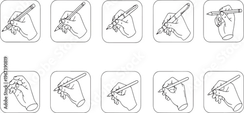 Collection of human hands holding pens and pencils for writing drawing and sketching hand drawn vector illustration icon set