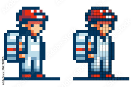 Pixel art character traveler wearing a red and white cap, light blue clothing, a large backpack, and red shoes, standing on a white background.