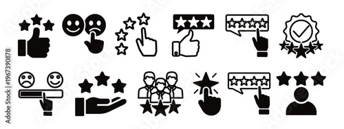 Review icon set. Review And Feedback Line Icon Set Designs. Thin Line Icons Collection. Includes Ratings, Stars, Comments, Likes, And Customer Satisfaction Symbols.