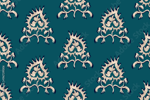 Seamless Ikat Floral Pattern with Abstract Damask Botanical Motifs, Ethnic Tribal Flower and Stylized Ornate Blooms for Bohemian Textiles, Home Decor Wallpaper, and Fashion Fabric Design