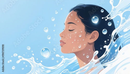 Woman with fresh clean skin face splashing with water. Concept of skin care and beauty routine. Rejuvenation and spa treatment for healthy skin. Female facial hydration and freshness.