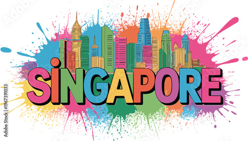 Singapore city skyline vector illustration, colorful splash paint background with famous landmarks travel destination element