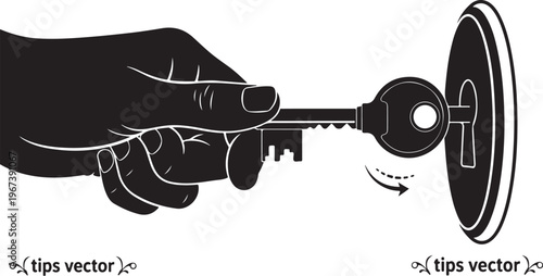 Hand holding key inserting into lock black