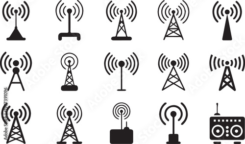 Fifteen black radio tower and antenna icons on white background