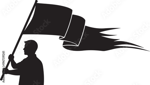 Man holding black flag on white background silhouette