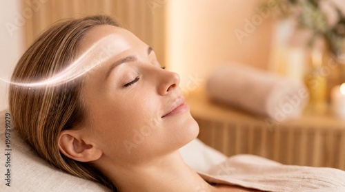 Woman receiving facial skin treatment in cosmetic salon. Relaxed girl lying with closed eyes and glowing light effect on forehead. Skincare, antiaging therapy and beauty wellness procedure.
