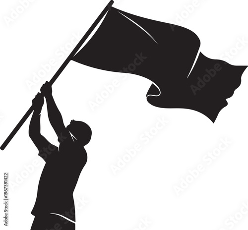 Man holding black flag on white background silhouette