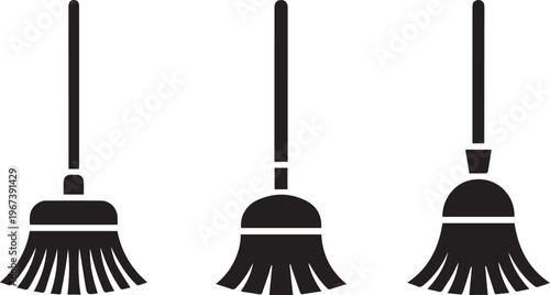 Three simple black silhouette icons representing different styles of cleaning brooms for household chores and sweeping