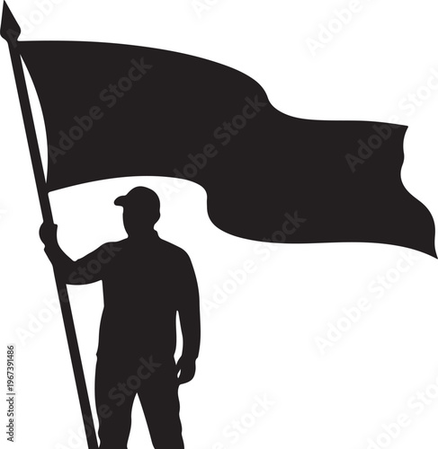 Man holding large black flag on white background silhouette