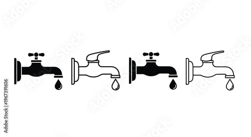 Four black and white illustrations of water faucets with dripping water drops
