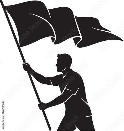 Man holding large waving flag on pole silhouette black