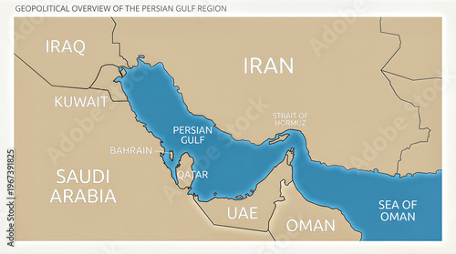 High-detail abstract map illustrating countries along the Persian Gulf, geometric shapes, crisp borders and modern sans-serif labels, minimal aesthetic with scientific clarity.