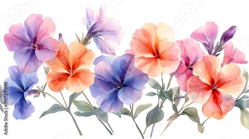 Pastel colored blossoms are depicted across a horizontal border in a delicate paint style