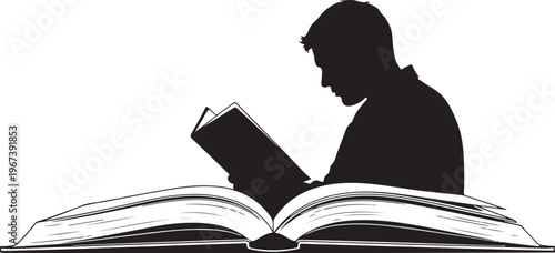 Silhouette of man reading large open book large book