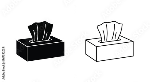 Black and white illustration of a tissue box shown in two variations