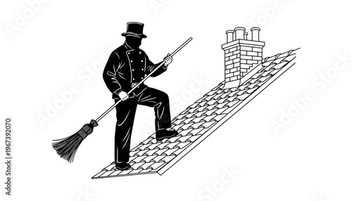 A chimney sweep in a top hat stands on a roof with a broom