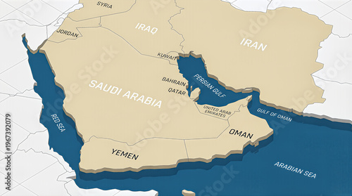 Stylized map of Middle Eastern coastal region featuring Persian Gulf, clean abstract composition with uniform colors, distinct borders and clearly labeled nations in minimal design.