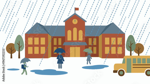 Rainy day at school with students holding umbrellas and a school bus
