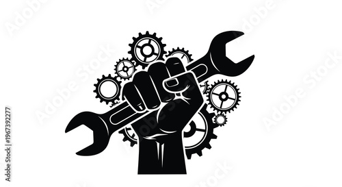 A clenched fist powerfully holds a wrench and surrounding gears